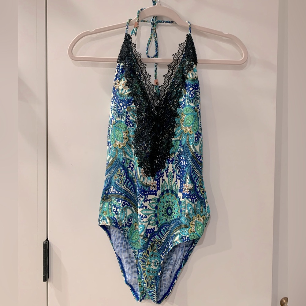 Anthropologie Allihop Paisley Boho Black Lace Plunge One Piece Swimsuit S